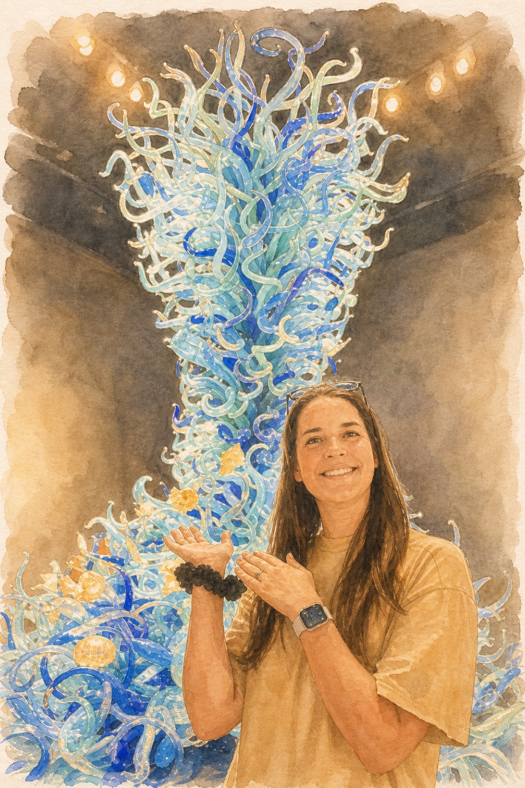 A watercolor illustration of Laura smiling beside a luminous blue glass sculpture