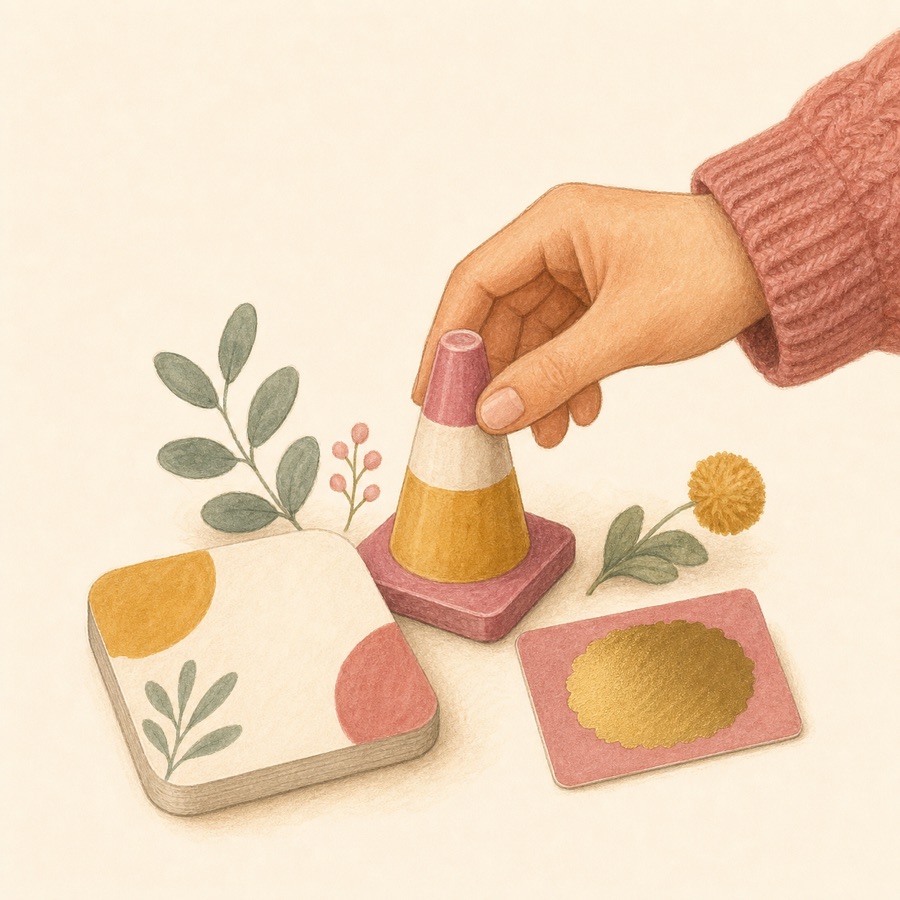 A hand choosing among a mini cone and handmade paper goods