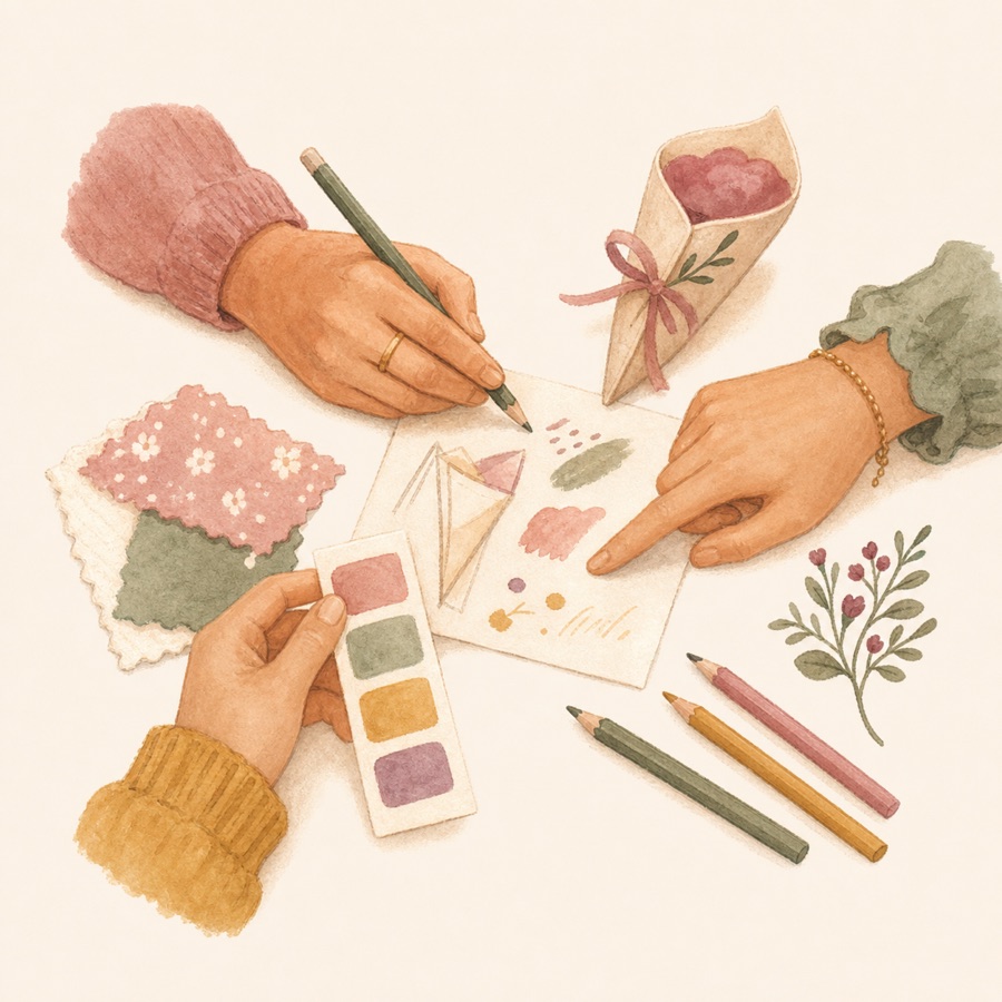 Hands sharing colors and customization details at a worktable