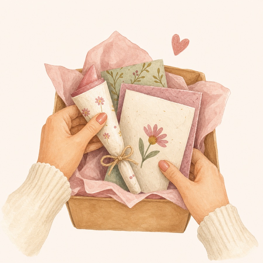Careful hands packing a cone and handmade cards as happy mail