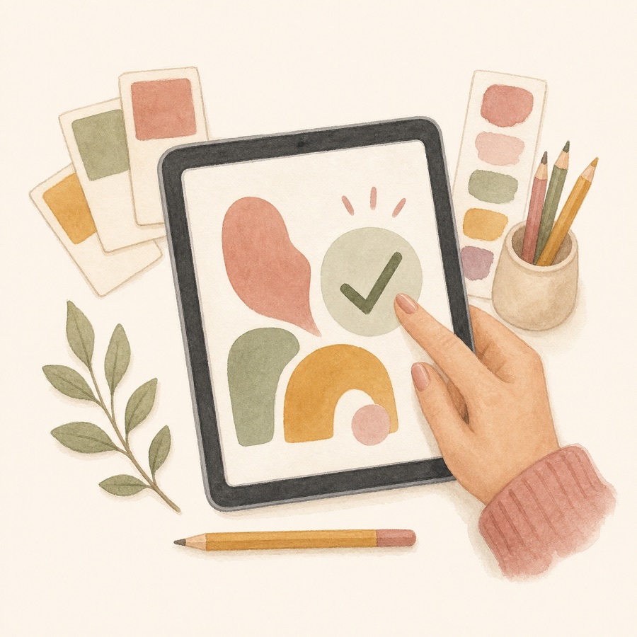 A hand approving a colorful digital design proof