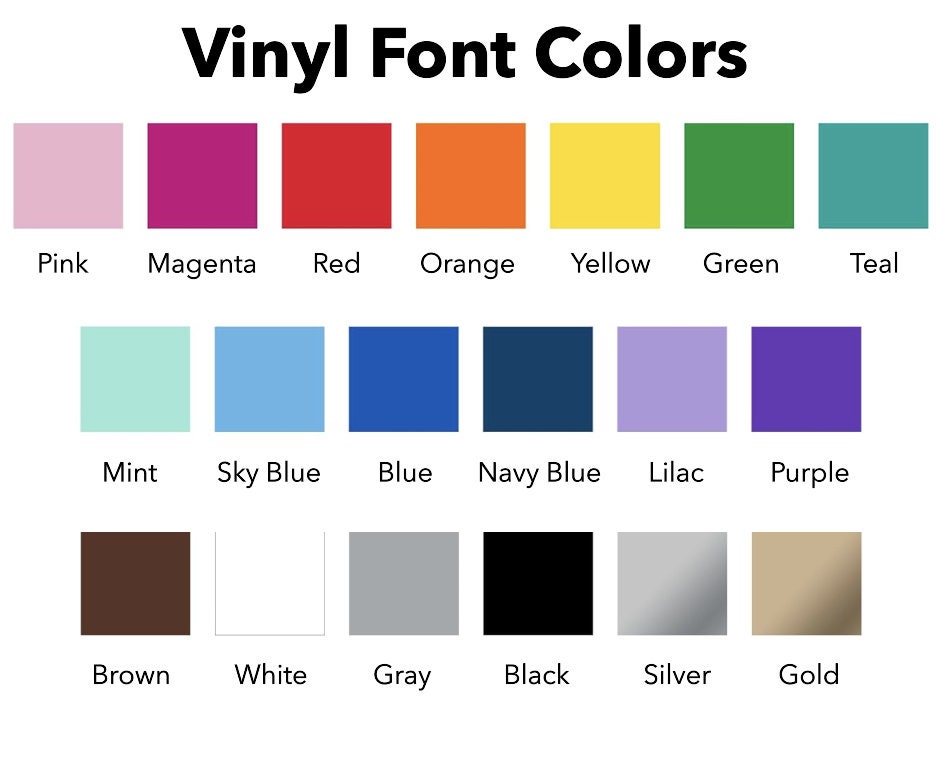 Solid vinyl lettering colors available for personalized mini cones