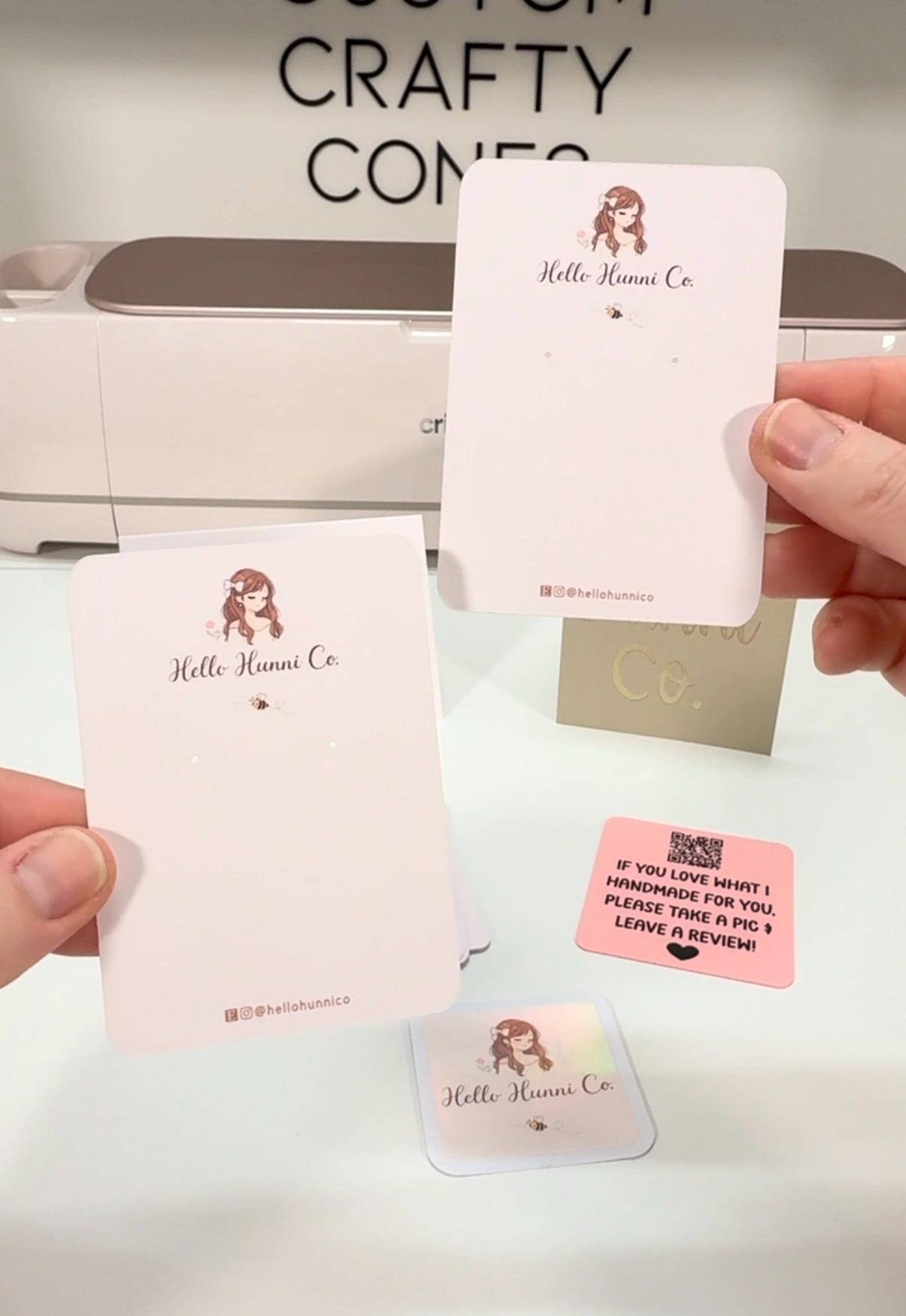 Example custom display card printed with a small-business brand