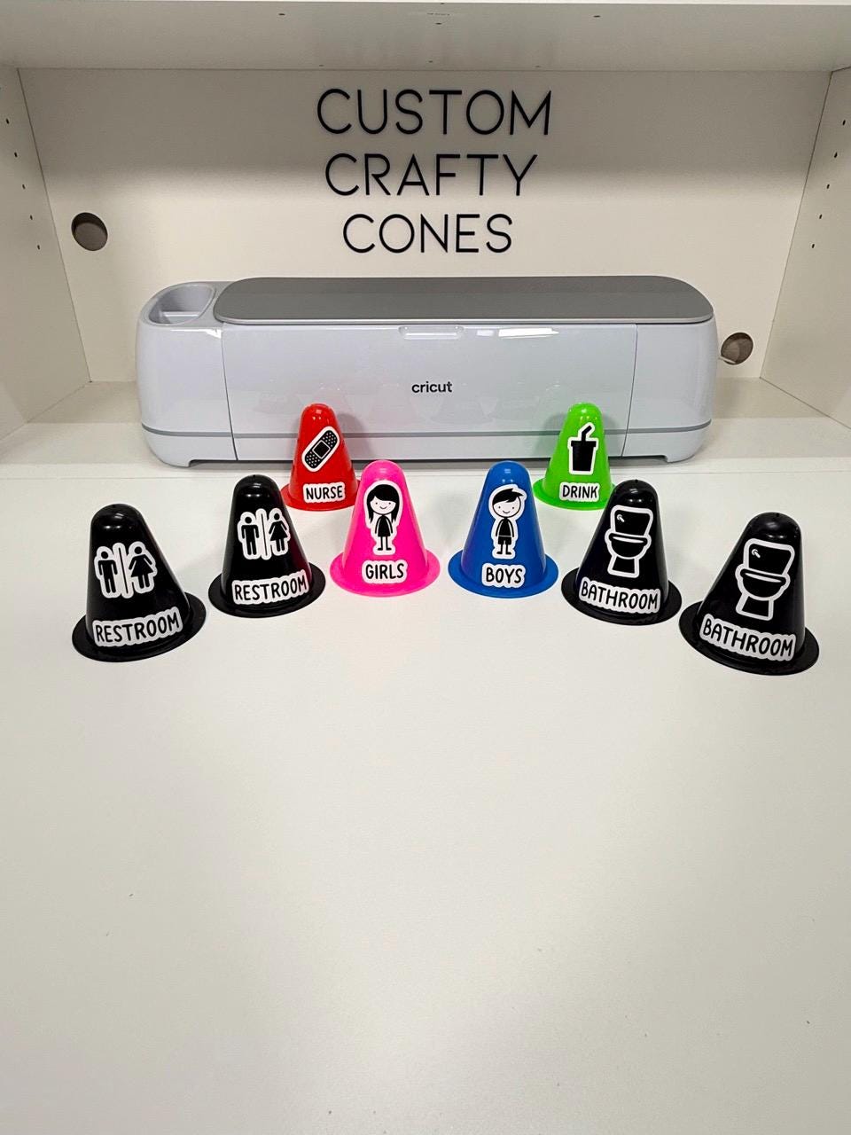 A colorful lineup of Laura's personalized hall pass cones