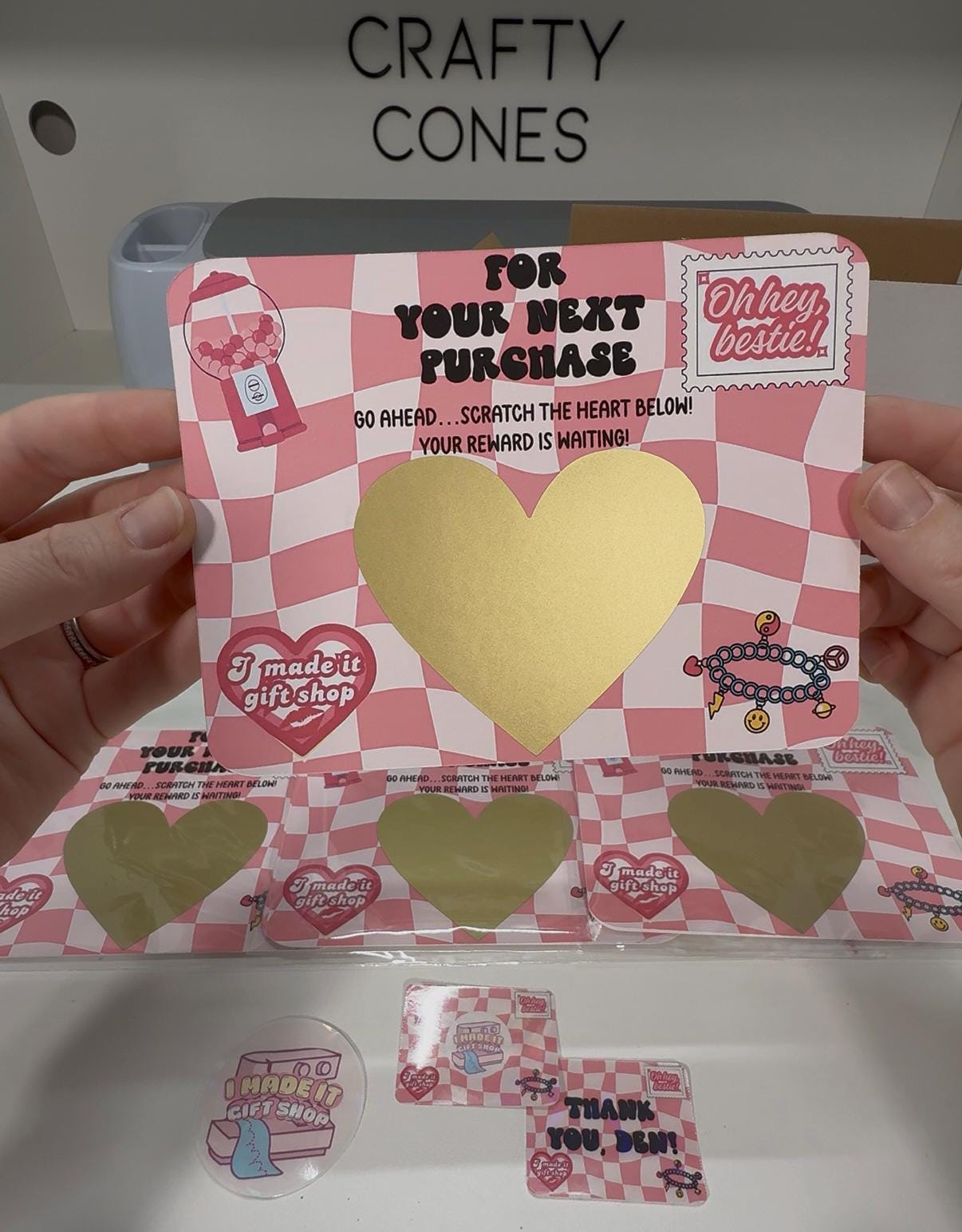 A pink custom scratch-off card