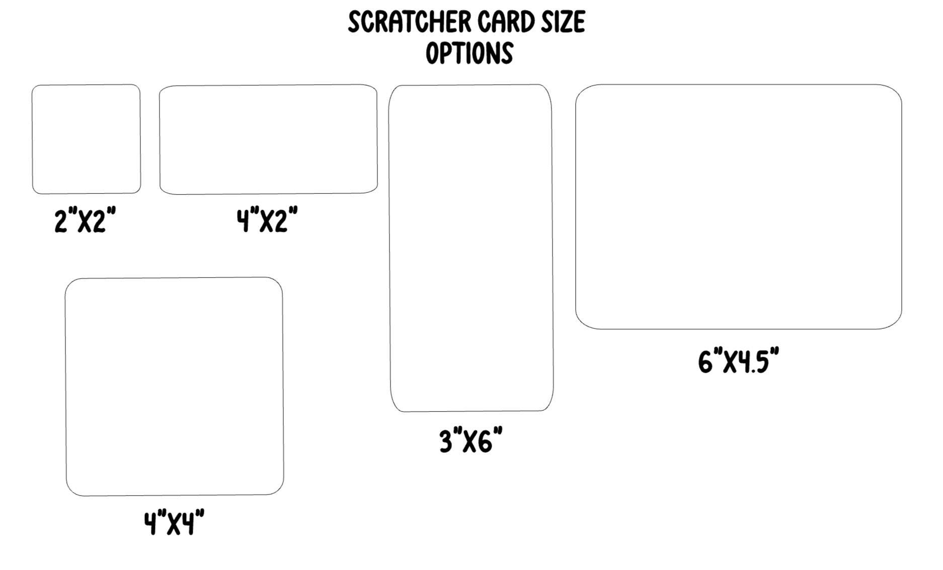Five available custom scratch-off card sizes shown side by side